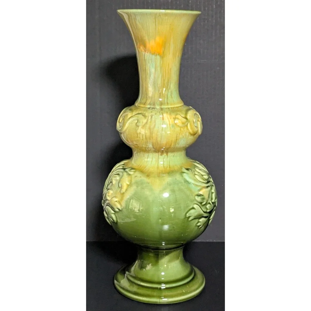 Vtg Haeger Baluster Vase Raised Acanthus Leaves Glossy Yellow & Green Drip Glaze